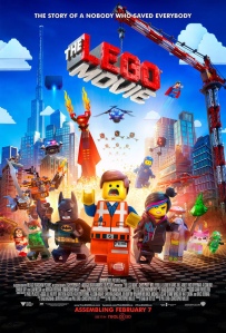 Poster for "The LEGO Movie." Features LEGO figurines running from an explosion. The movie title hangs from a LEGO crane.